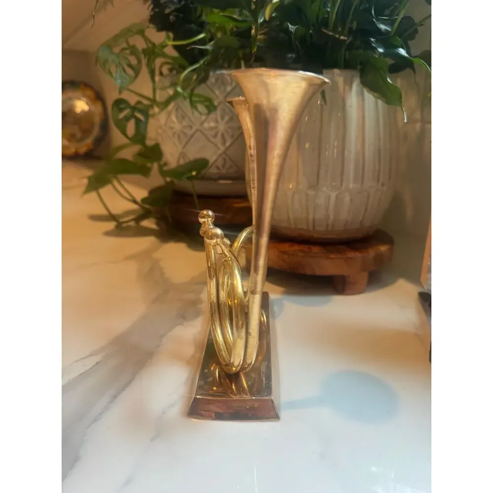 Vintage Enesco Brass French Horn Double Candleholder - Midcentury Shelf Decor